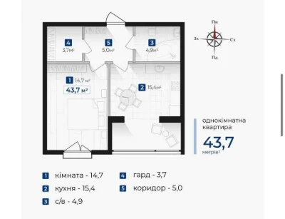 Продаж 1 кімнатна квартира в ЖК Козацький