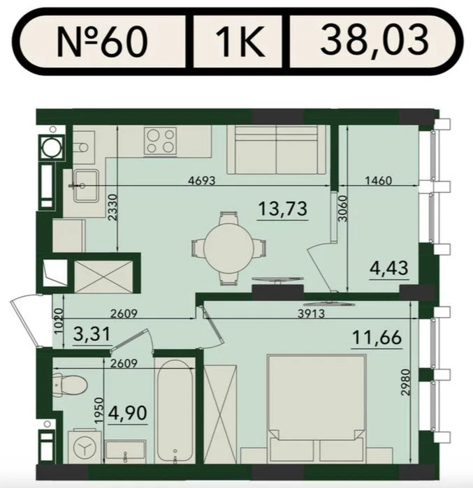 1-кім. квартира 38 м² на 8-му поверсі | ЖК SVOЇ PLUS