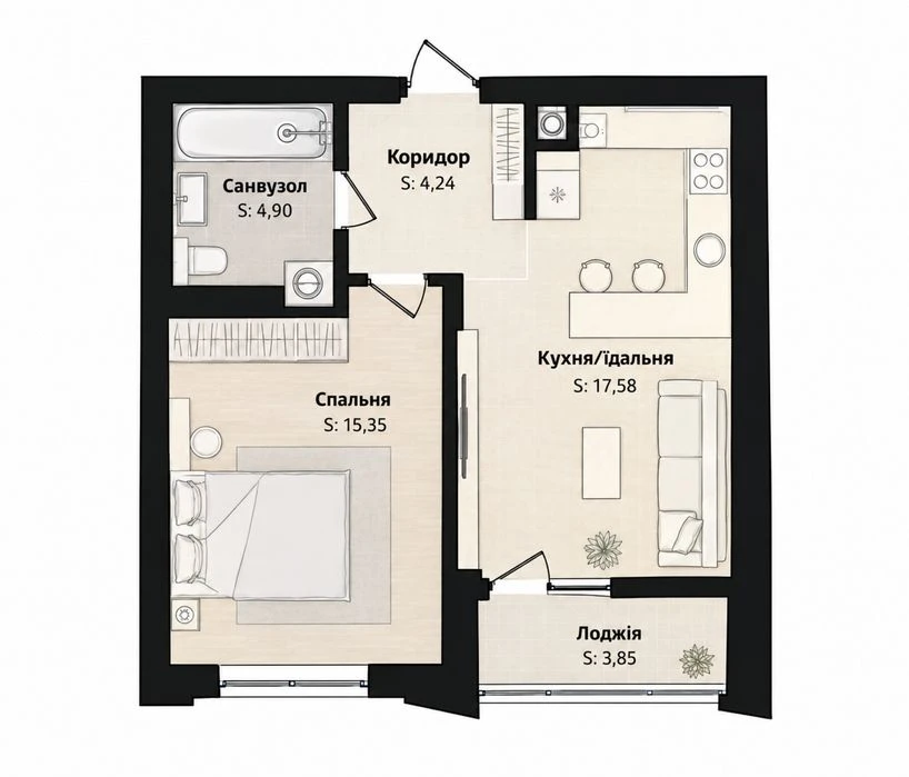 Продаж 1 кімнатної квартири з балконом (44 м²) в ЖК Aura (Ау