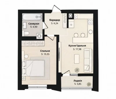 Продаж 1 кімнатної квартири з балконом (44 м²) в ЖК Aura (Ау