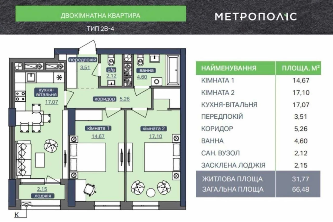2-room apartment for sale 66.48 m², Akademika Zabolotny