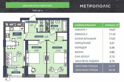 2-room apartment for sale 66.48 m², Akademika Zabolotny