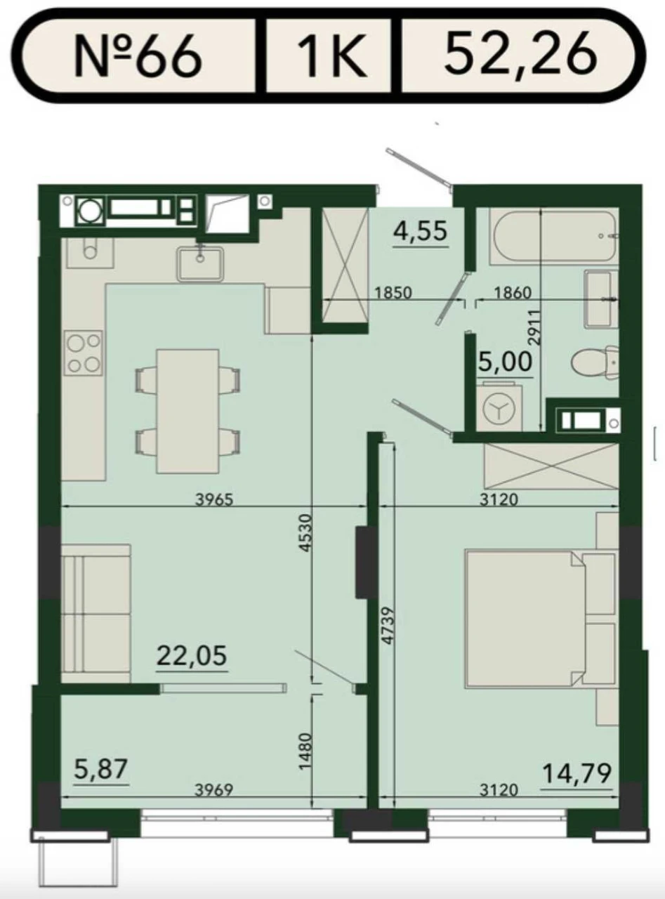 Однокімнатна квартира 52.2 м² у ЖК PLUS