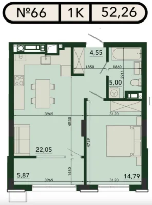 Однокімнатна квартира 52.2 м² у ЖК PLUS