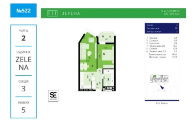 Продаж 1-кім. квартири + кухня-студія (євродвушки) на Зелені