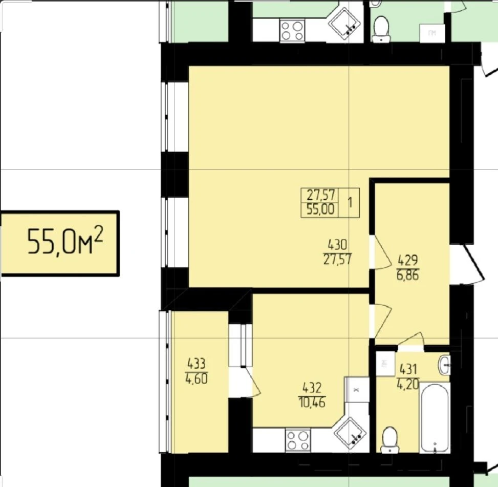 Продаж однокімнатна квартира в новобудові 55м² на 3 пов.з 14