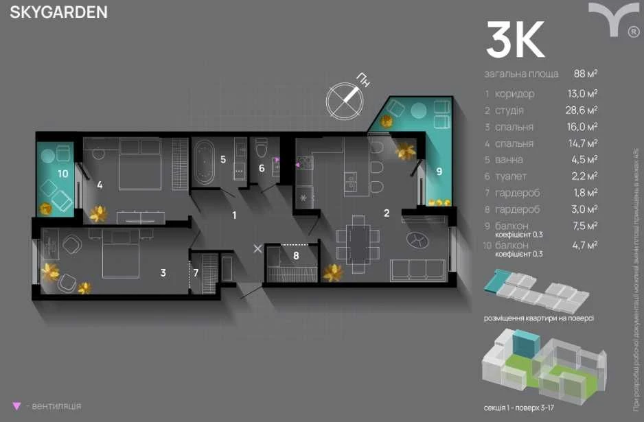 Продаж 3-кімнатної квартири в ЖК SKYGARDEN