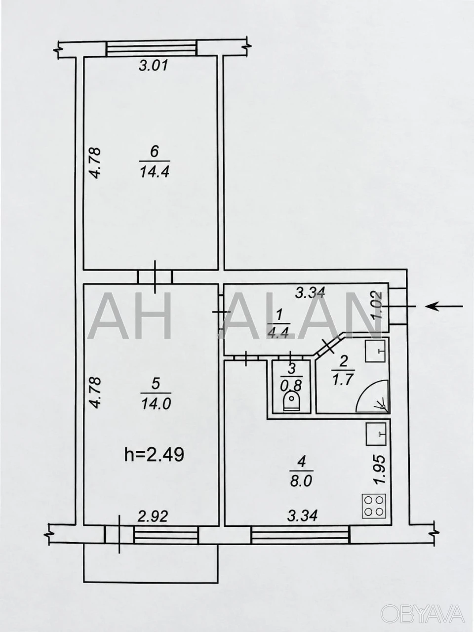 2-комнатная квартира, 44.5 м.кв.