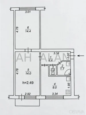 2-комнатная квартира, 44.5 м.кв.