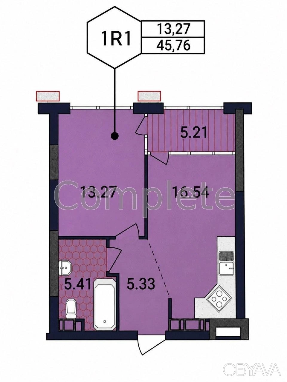 1-комнатная квартира, 46 м.кв.