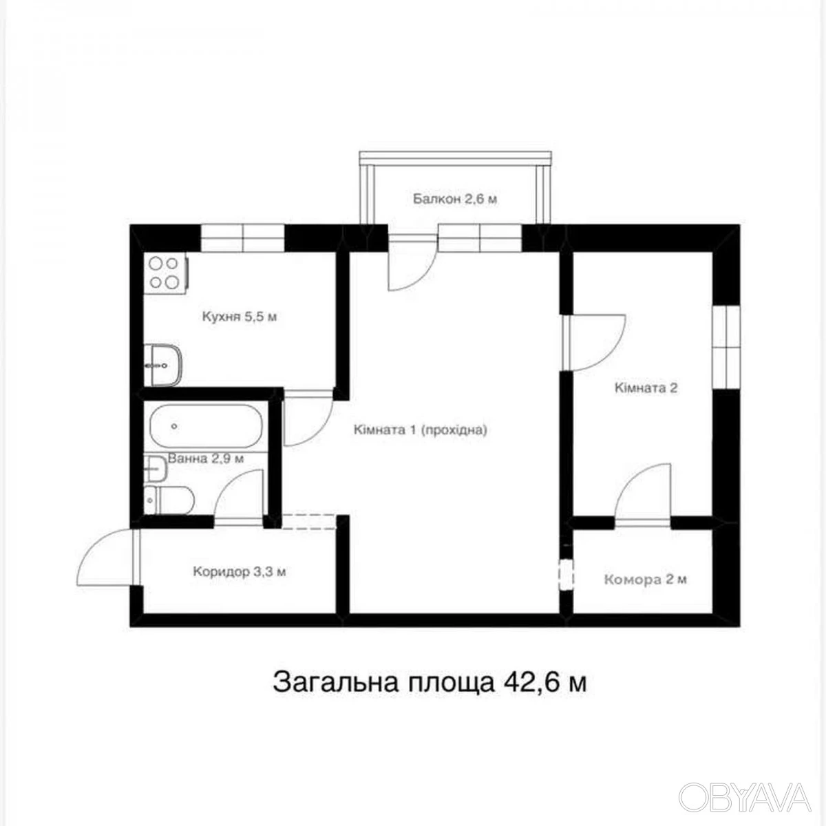 2-комнатная квартира, 42 кв.м