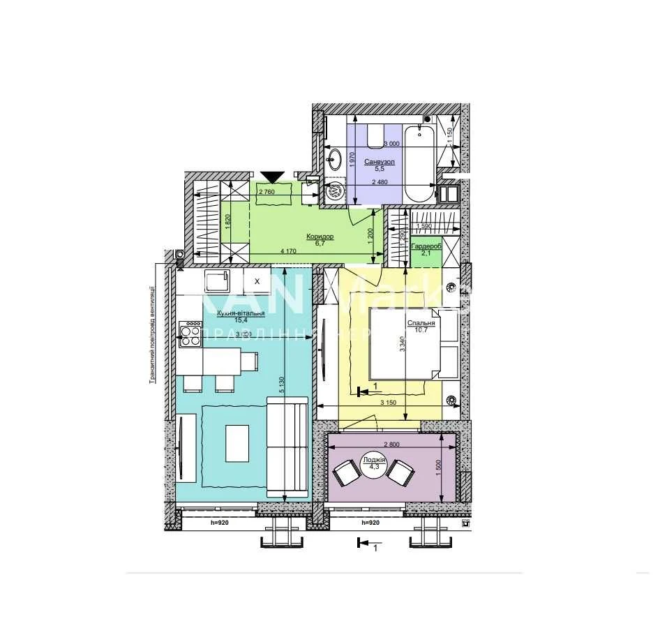 Продаж 1к функціональної квартири 44,5 м² на 1-му поверсі у
