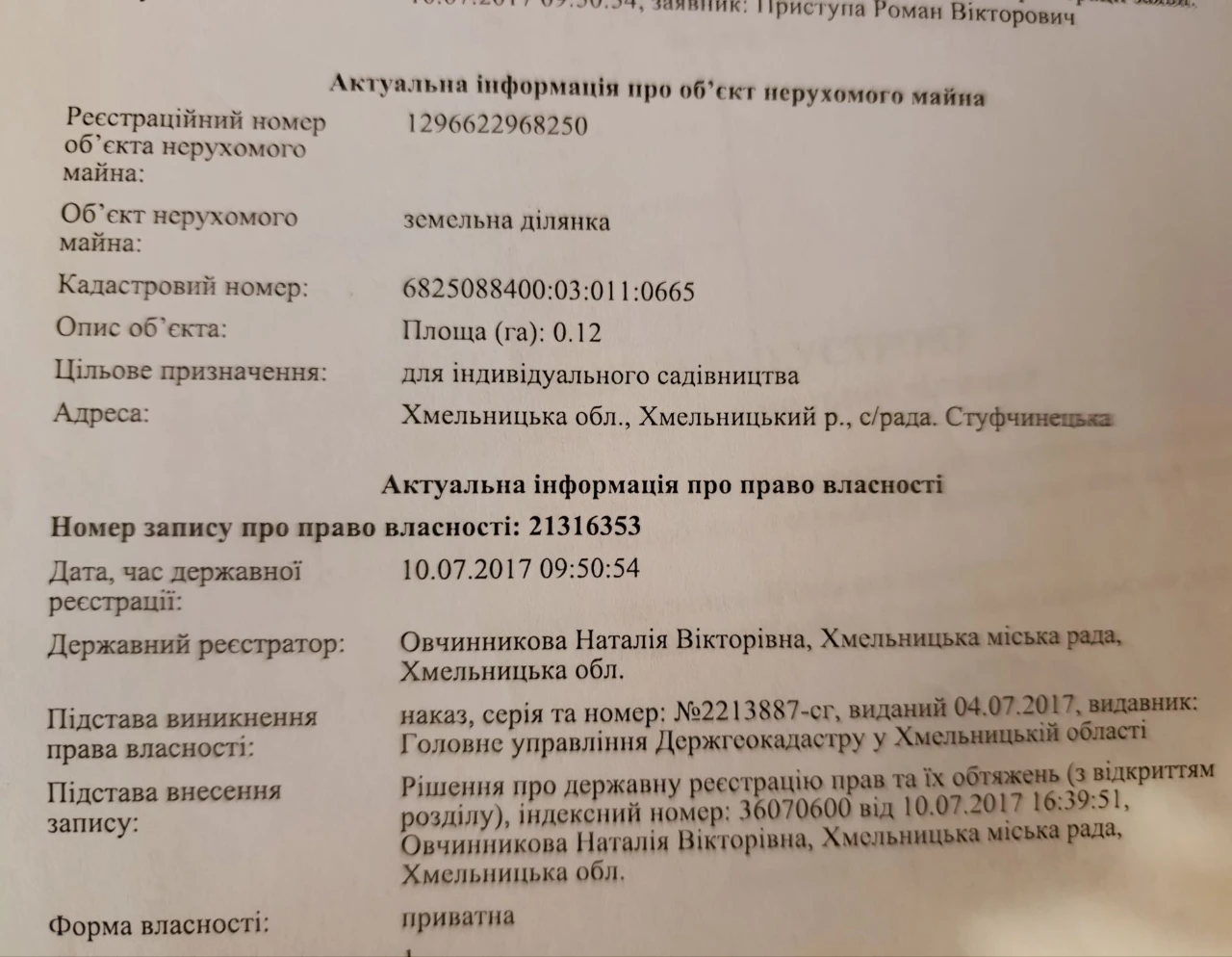 Земельна ділянка с. Стуфчинці