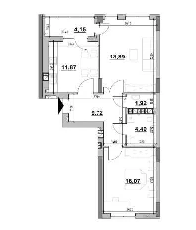 2-room apartment 67.02 m² in the Evening residential complex, separate planning