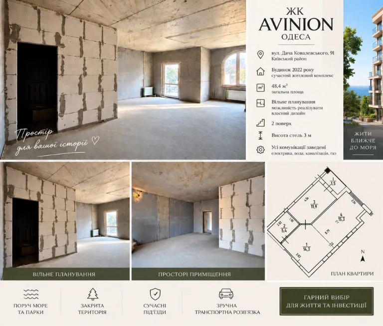 Продам квартиру в ЖК AVINION, Одеса | 48,4 м² | 2 поверх | в