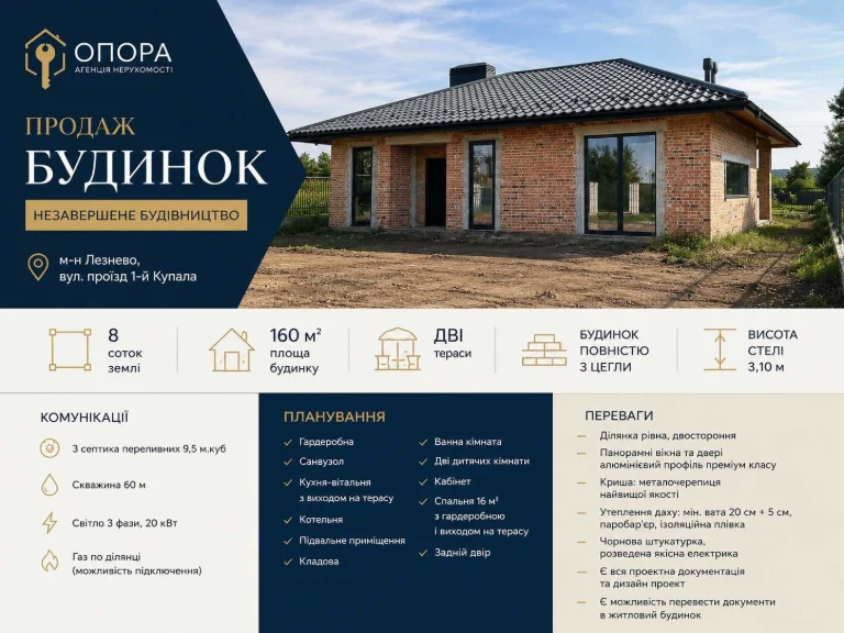 Цегляний будинок 160 м², Лезнево, 8 соток, панорамні вікна.