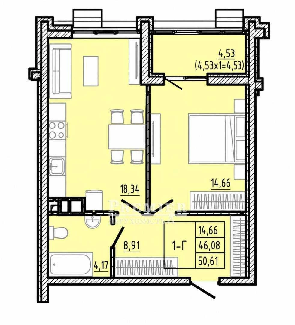 1-кімнатна 51 м² у ЖК Modern, спальня, кухня-вітальня та біз
