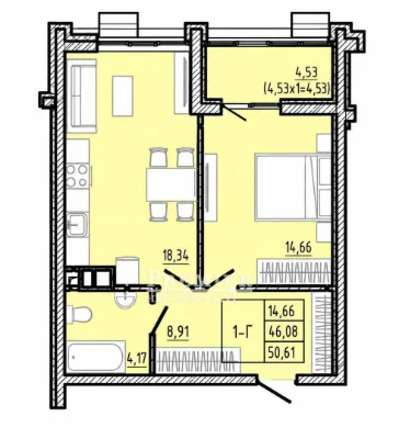 1-кімнатна 51 м² у ЖК Modern, спальня, кухня-вітальня та біз