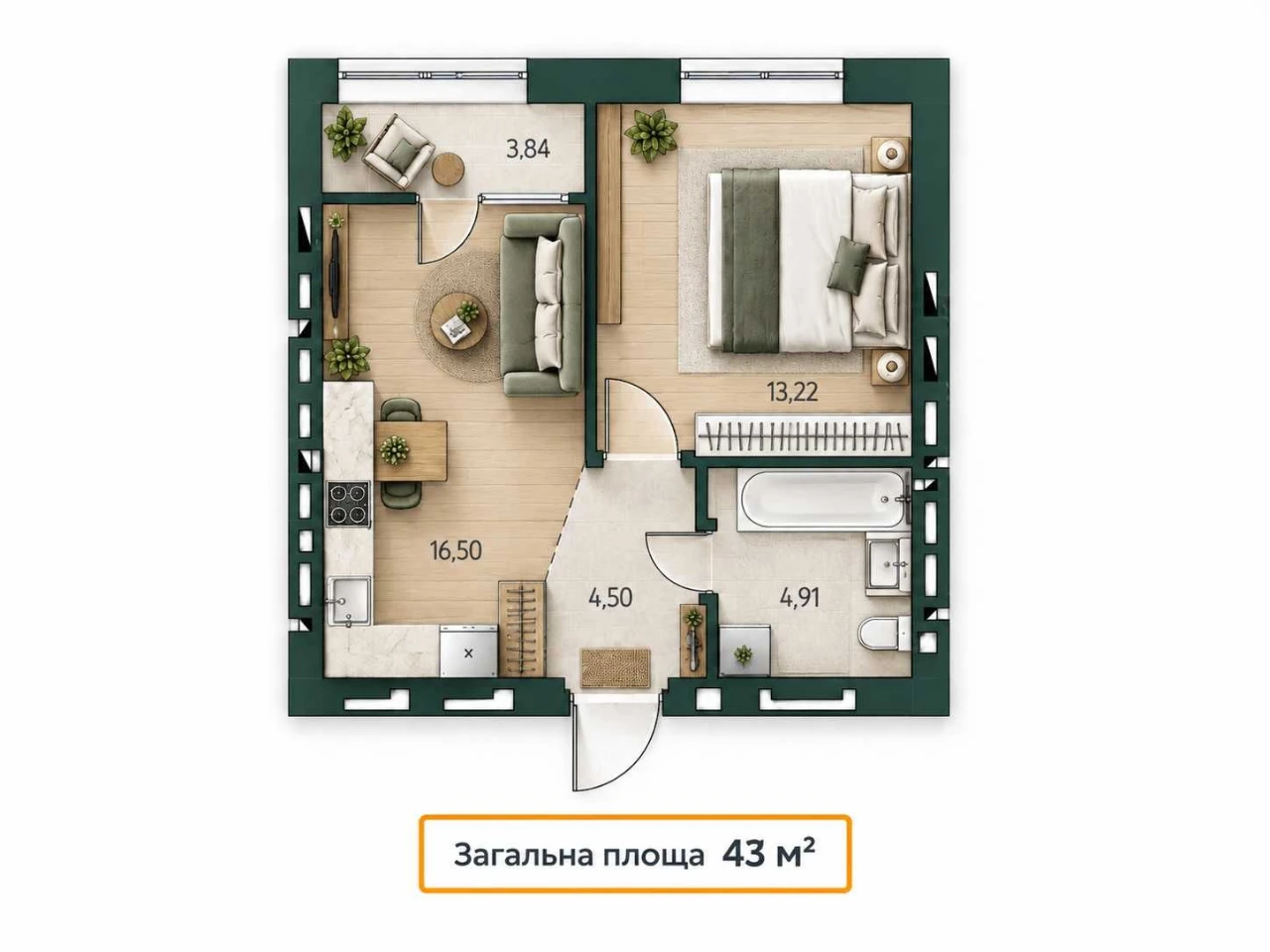 Продам однокімнатну квартиру в новобудові 43м2