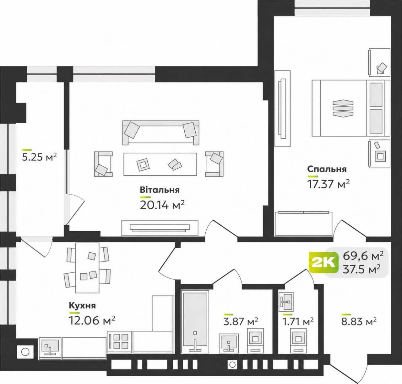 Велика 2-кімнатна 69,6 м² з лоджією | ЖК Софіївка