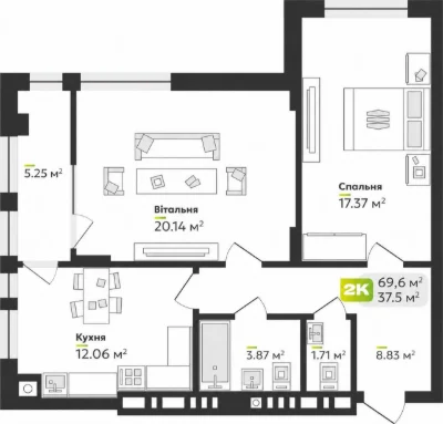 Велика 2-кімнатна 69,6 м² з лоджією | ЖК Софіївка
