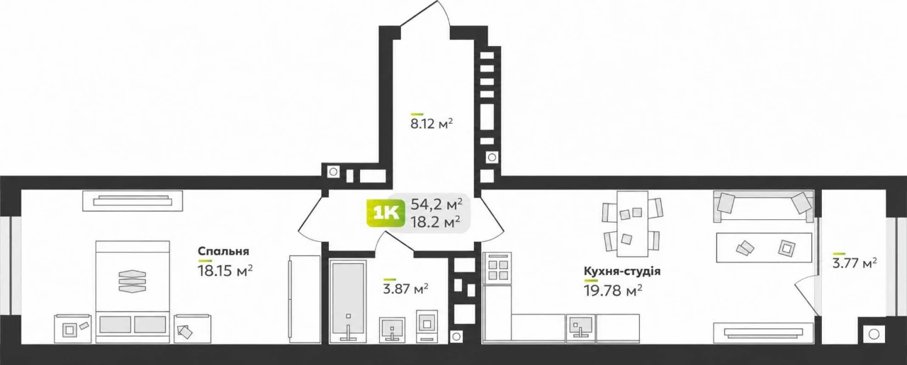 1-кімнатна 54,2 м² з кухнею-студією майже 20 м² у ЖК Софіївк