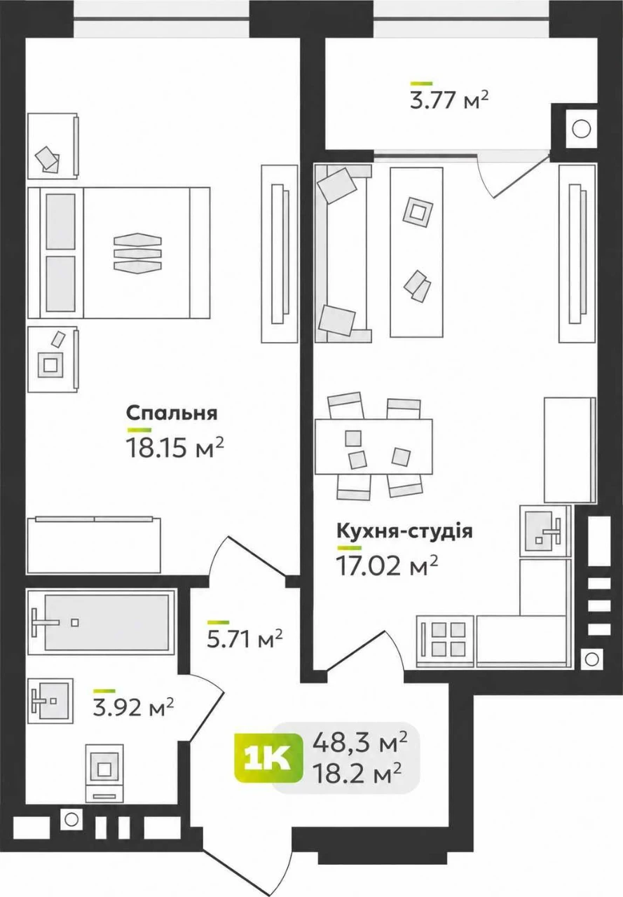 1-кімнатна 48,3 м² з лоджією та газовим опаленням — ЖК Софії