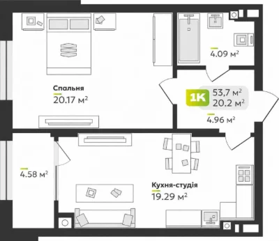 Простора 1-кімнатна 53,7 м² у зданому ЖК Софіївка