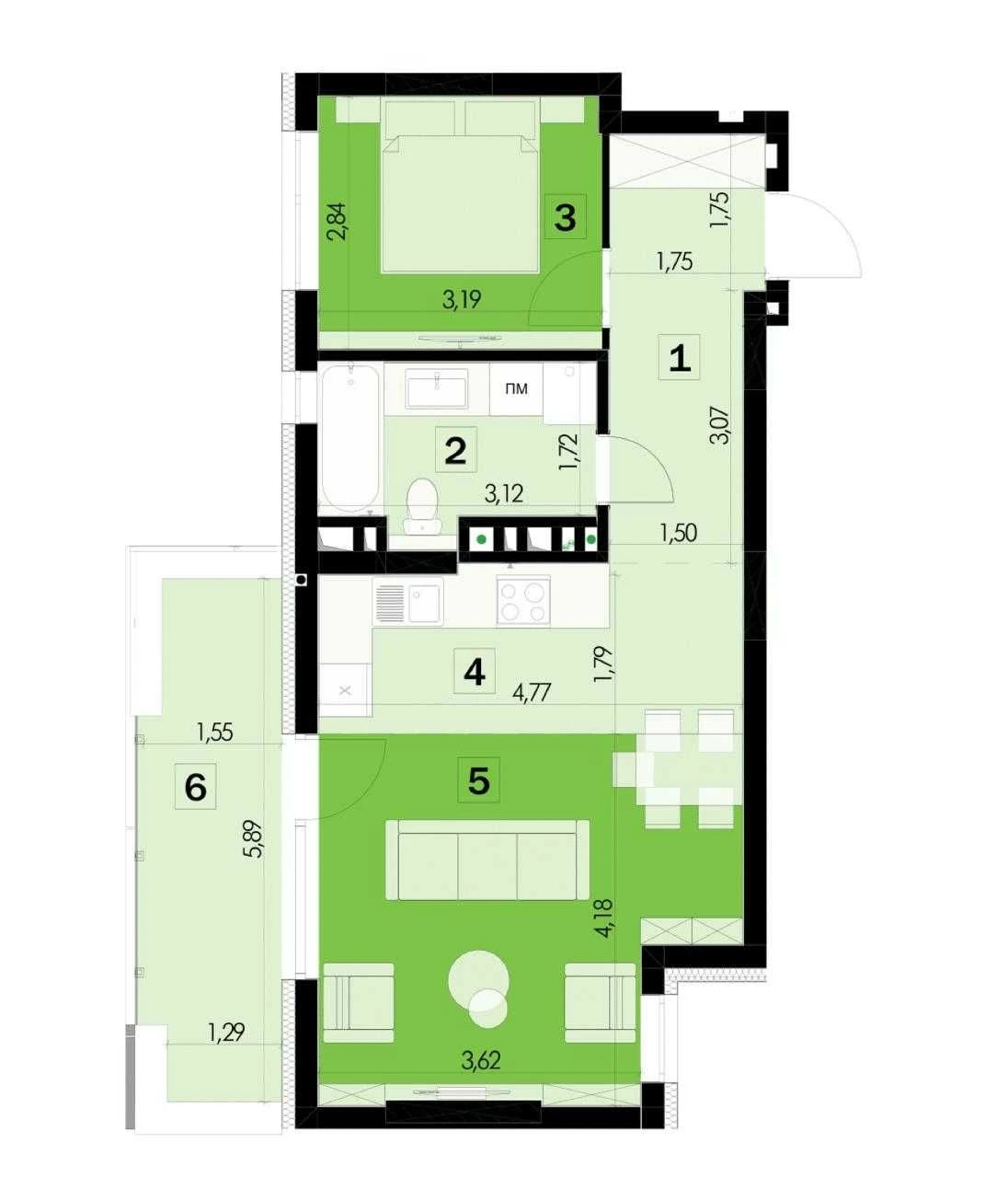 1-кімнатна квартира 51,7 м² | ЖК Зелена 111 | Без комісії
