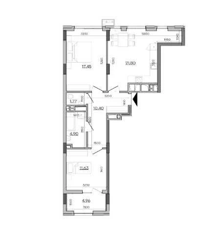 Простора 2-кімнатна квартира 72.91 м² з великою кухнею-вітал