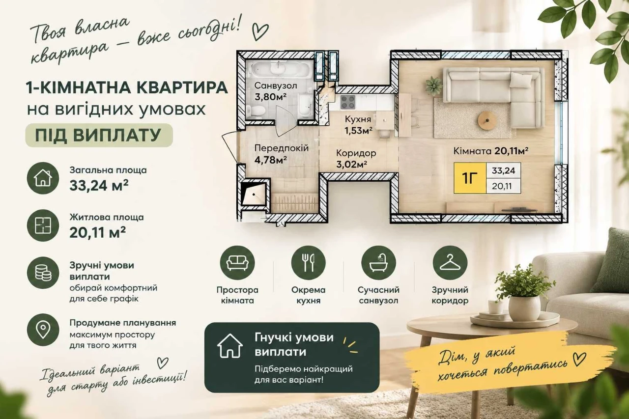 1-кімнатна квартира в Києві за 2 094 120 грн Телефонуйте.