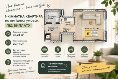 1-кімнатна квартира в Києві за 2 094 120 грн Телефонуйте.