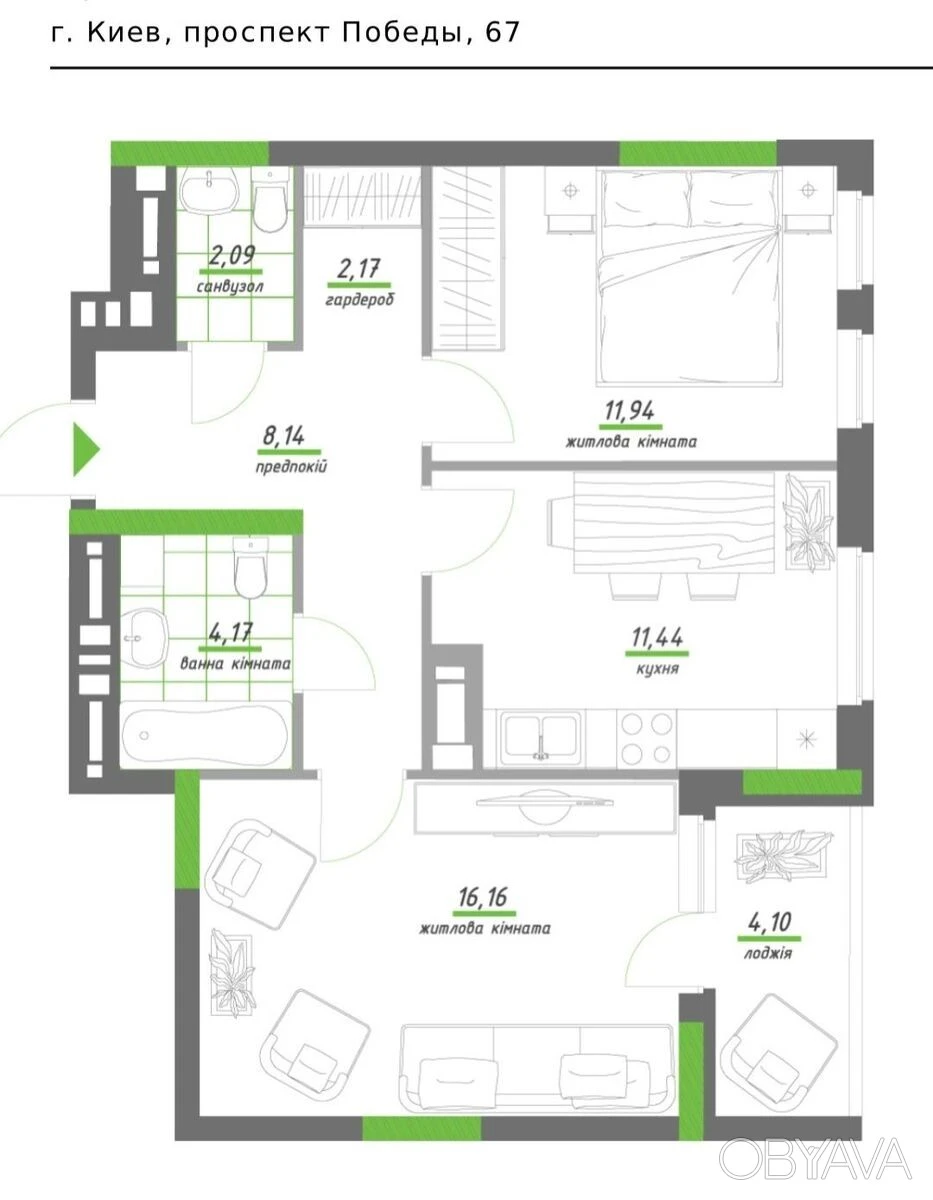 1-bedroom apartment, 60 sq.m