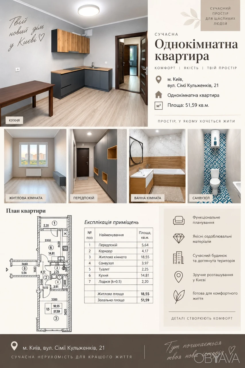 Sale of a 1-bedroom apartment at 21, Sim'yi Kulzhenkov Street, area 51.59 m²