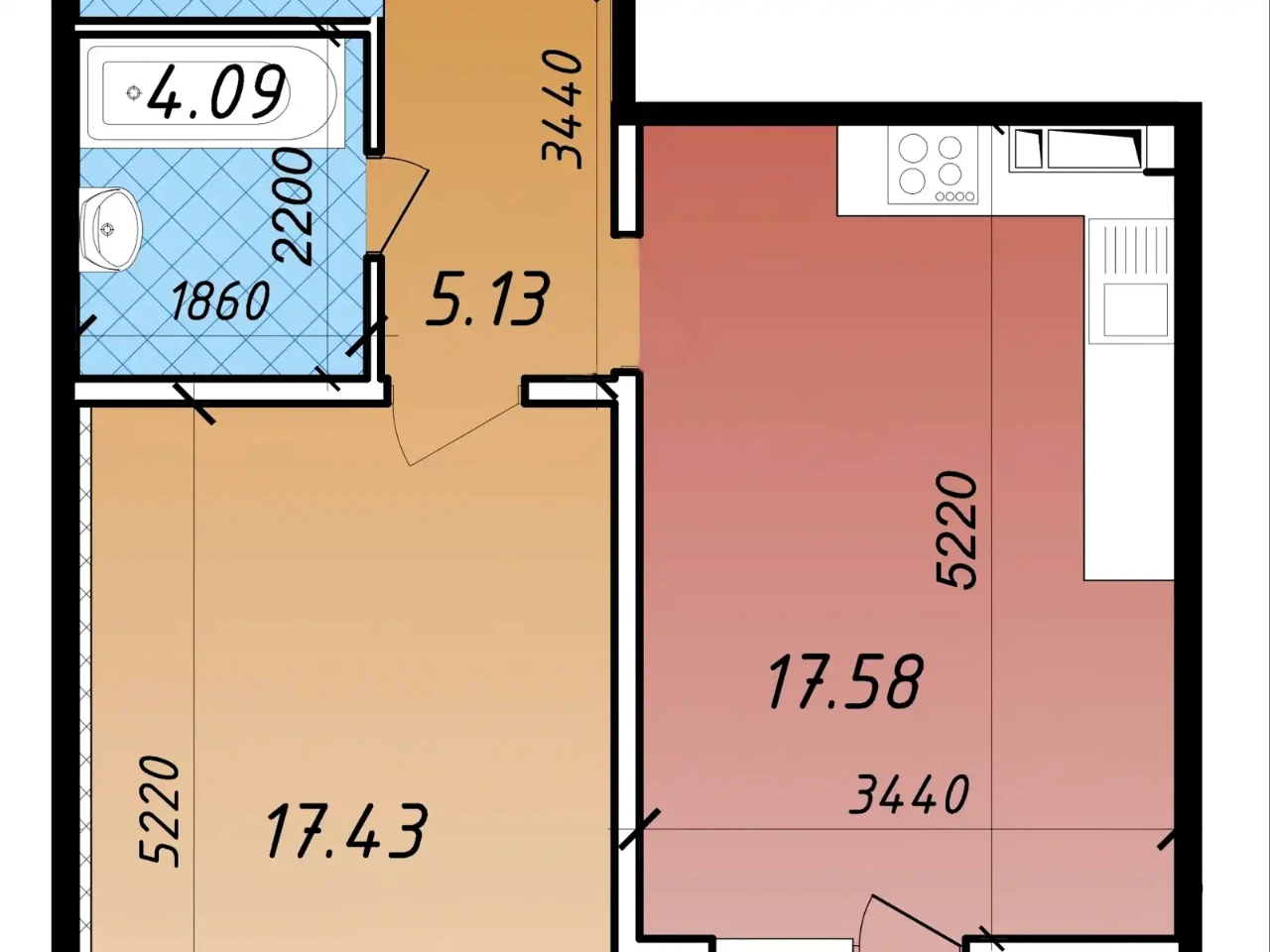 Apartment for Rent, 1-bedroom, 49 m² on the 25th floor.