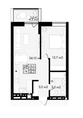 1-bedroom apartment 46.3 m² | ЖК Proстір | 7th floor | $66,200
