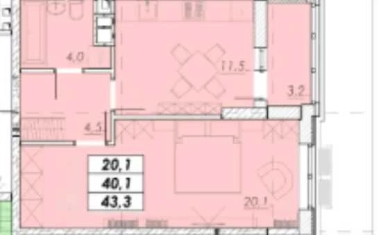 Квартира 1-комнатная 43 м² в новом ЖК рядом с Центром! Балкон.