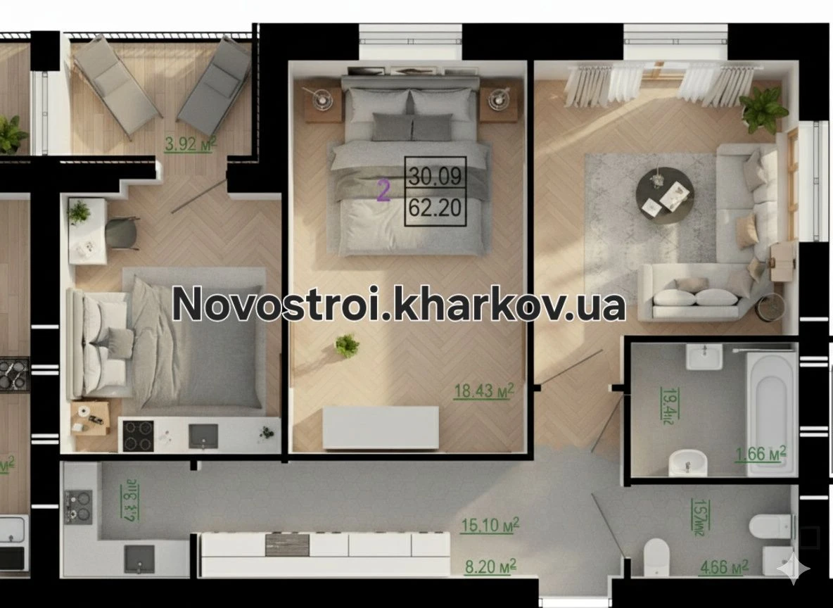 Квартира 2-комнатная ЖК Сказка-Лучшая планировка и цена 63м2