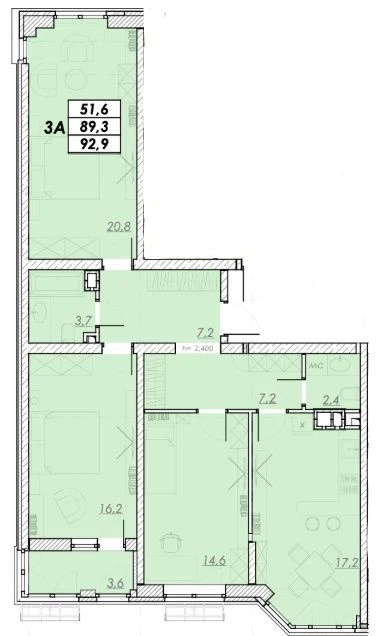 3-комнатная квартира 93 м² в новом доме
