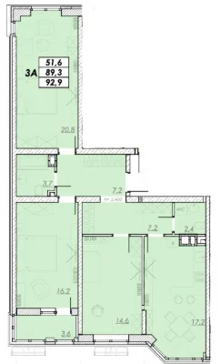 3-комнатная квартира 93 м² в новом доме