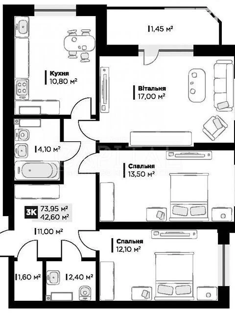 For sale 3-room apartment 53.65 sq. m. on 26 Panorama Street • ID 346