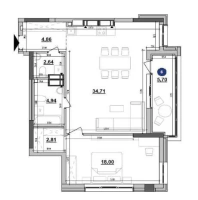 Просторная 1-комнатная квартира 73.64 м2 в ЖК Maxima Residence. 30% пер