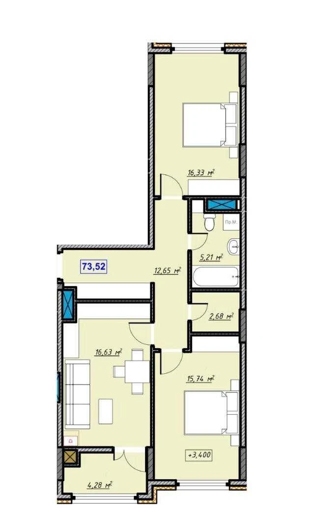 Sale of a 2-room apartment for rent under ЄОселя and on the 6th floor for 870$/m²