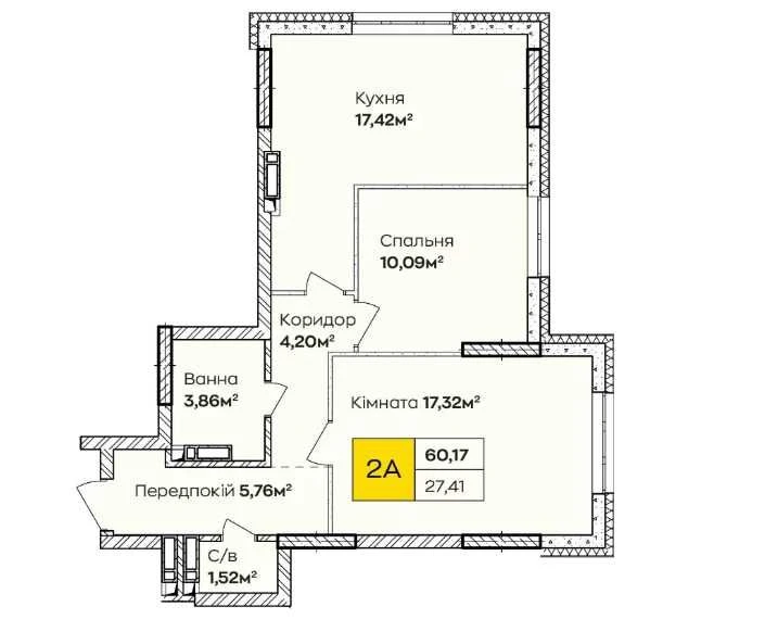 2-кімнатна 60,17 м² — 65% зараз, решта в розстрочку