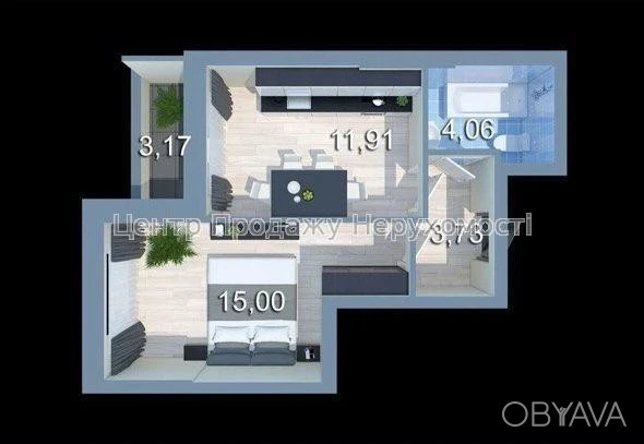 Квартира, 1 комната, 36,29 м²