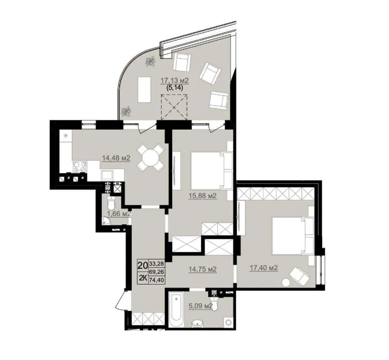 2-кімн. 74,4 м² | ЖК D2 | 6/6 | Балкон 17,13 м² | $192 000