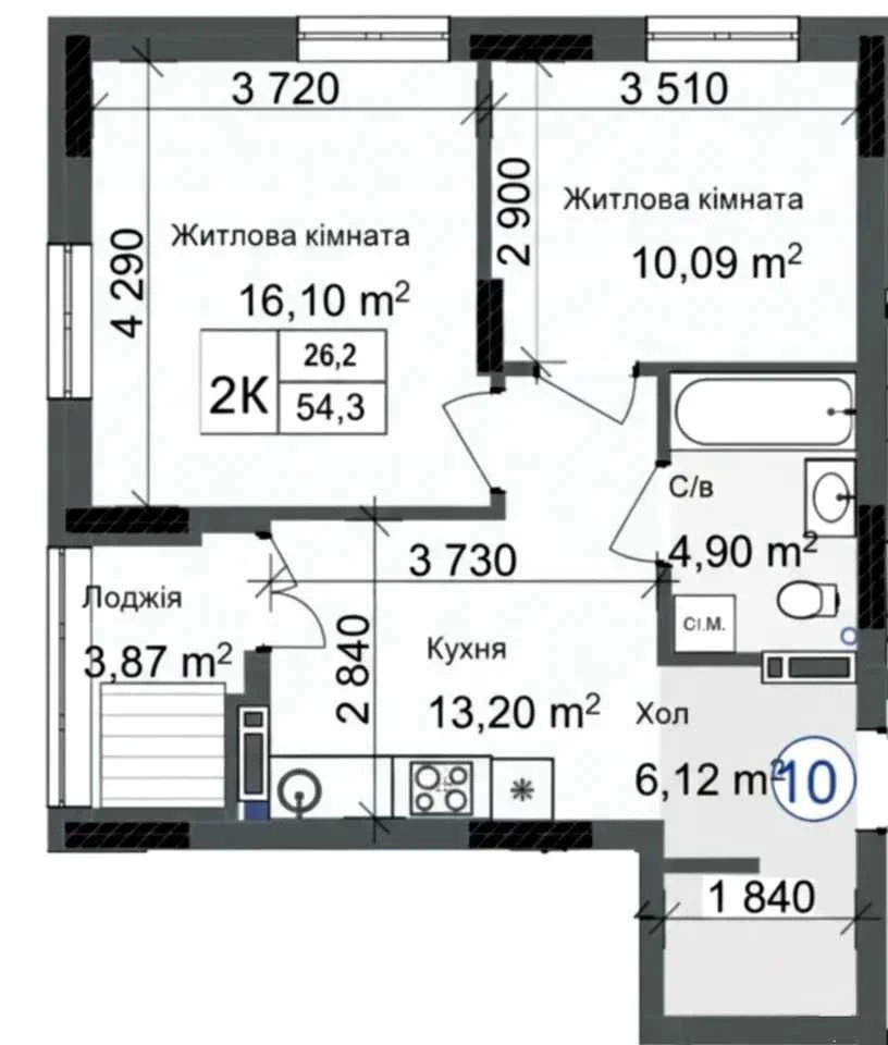 Two-room apartment in a new building/gas house
