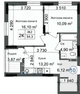 Two-room apartment in a new building/gas house