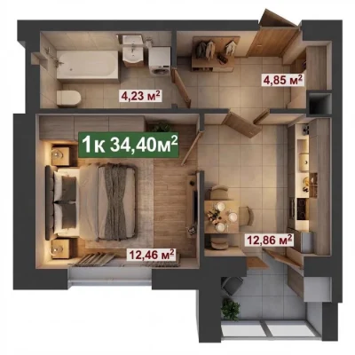 One-room apartment near the park, with a boiler, central location