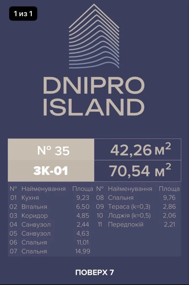 Sale of a 3-bedroom apartment with a terrace in the Dnipro Island residential complex, Dnipro